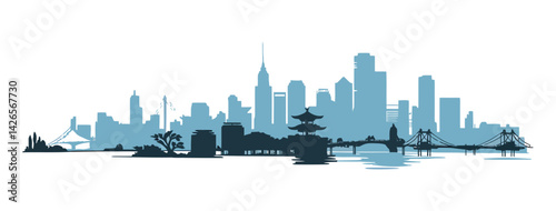 Vector City Skyline With Asian Elements Bridge And Skyscrapers Urban Landscape Illustration Minimalist Design For Backgrounds Or Graphics