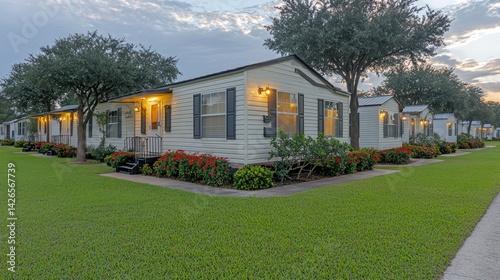 Serene mobile home community with vibrant red flowers and lush lawns
