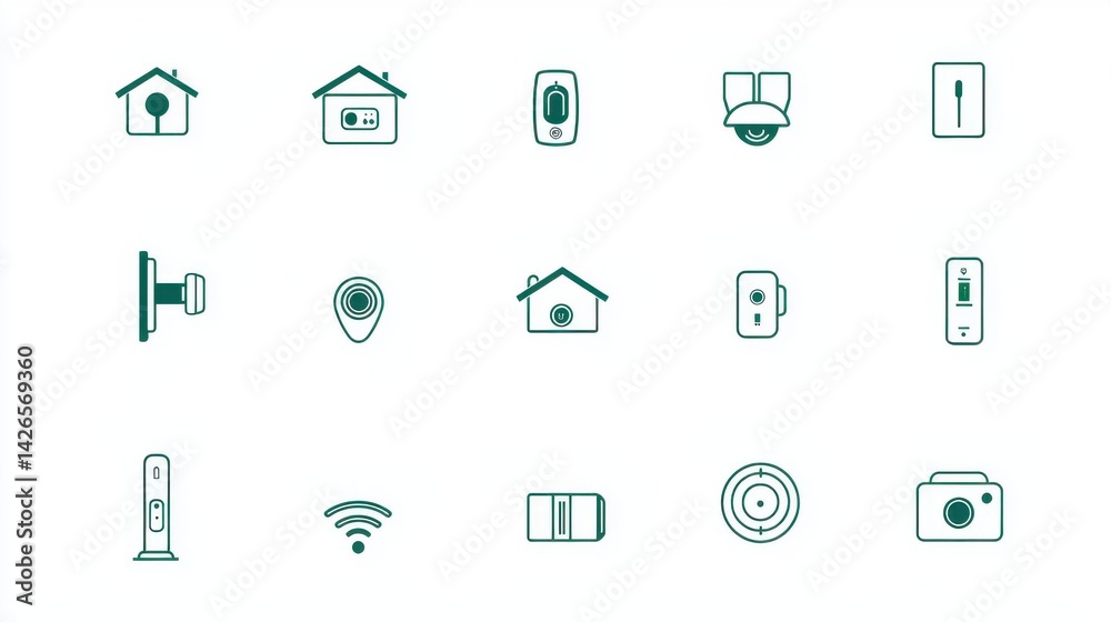 Collection of icons representing various smart home technologies and features for home automation control and security Collection of icons representing various smart home technologies and features for home automation control and security