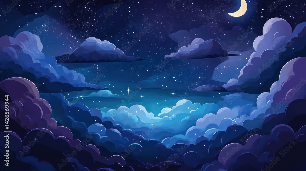 A vibrant night sky filled with fluffy clouds and twinkling stars. A vibrant night sky filled with fluffy clouds and twinkling stars.