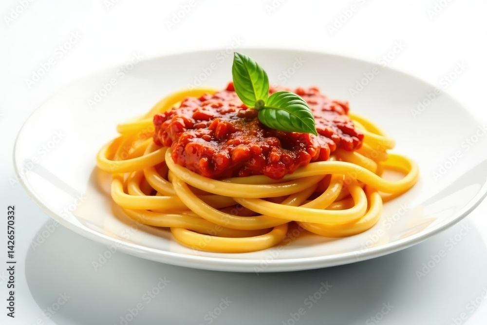 Plate of fresh pasta with tomato sauce, white background, noodles, spaghetti, white Plate of fresh pasta with tomato sauce, white background, noodles, spaghetti, white