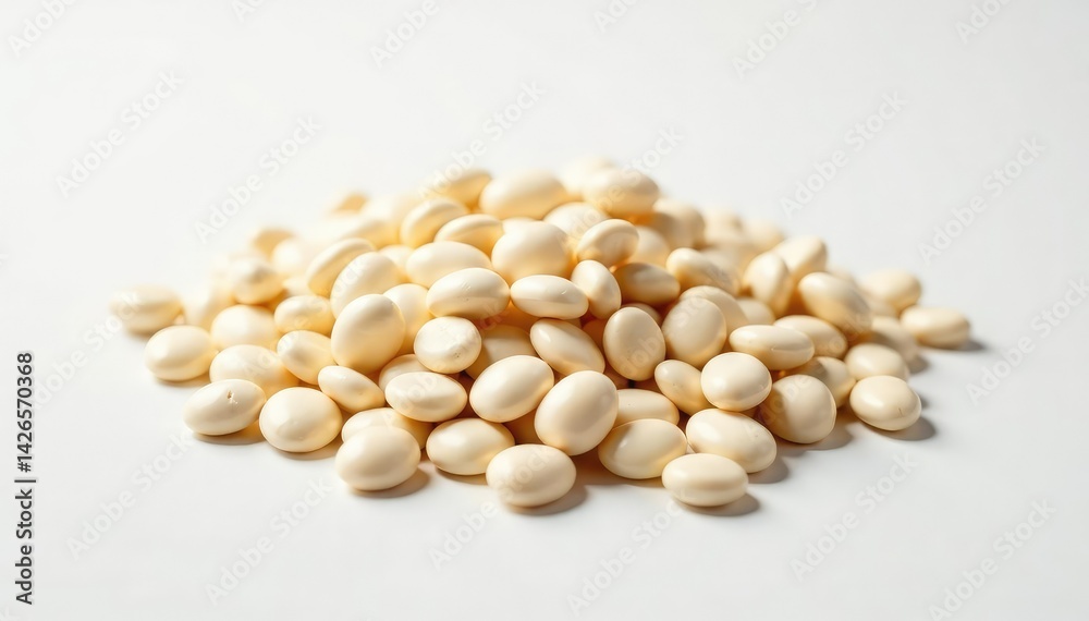 Pile of white beans on pristine white surface, culinary arts, clean Pile of white beans on pristine white surface, culinary arts, clean