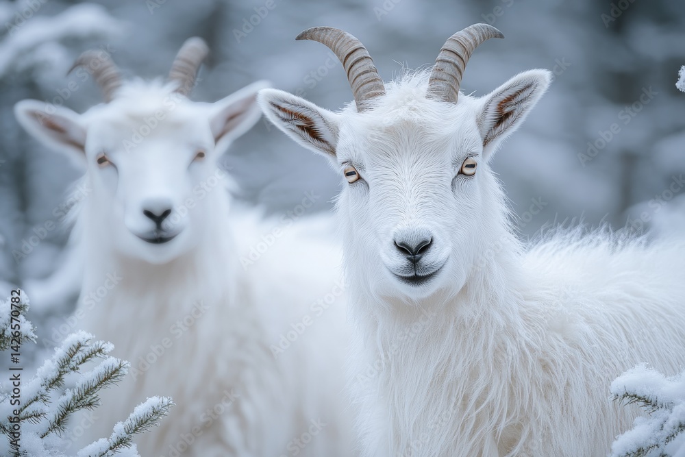 Fototapeta premium Two snowy white goats in a winter forest