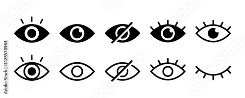 Eye icon set. See and unsee eye icon. Eye icon for visible and invisible passwords. Hide and show password icons. Eyes open and closed vector icons
