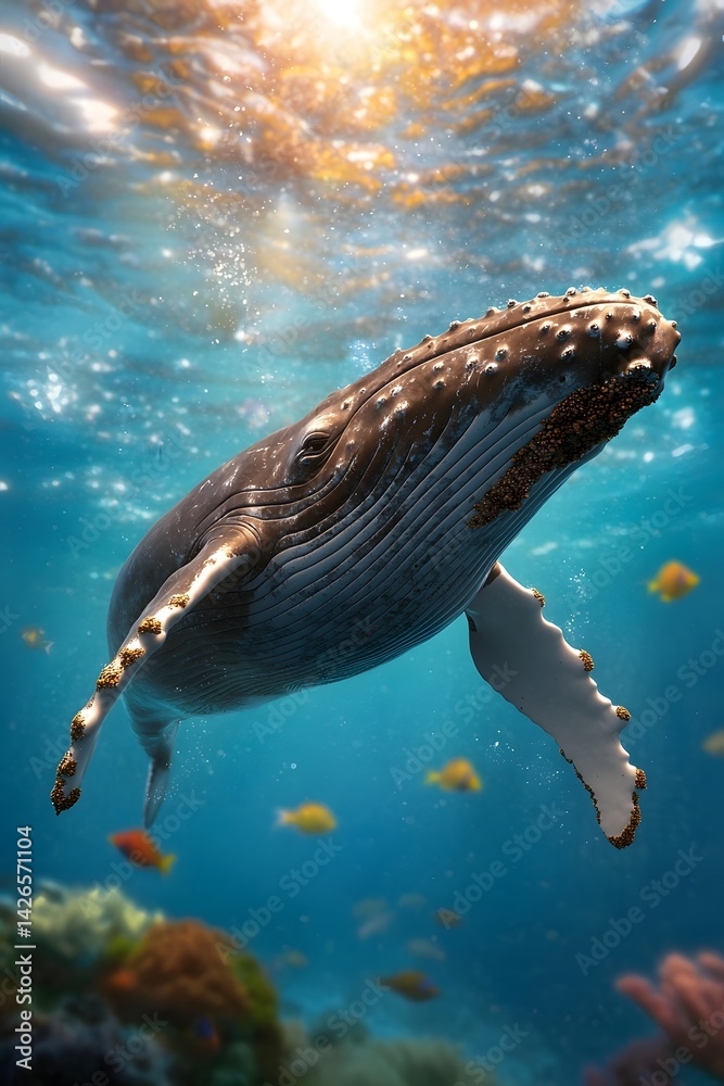 Fototapeta premium A majestic whale swims gracefully through the underwater seascape