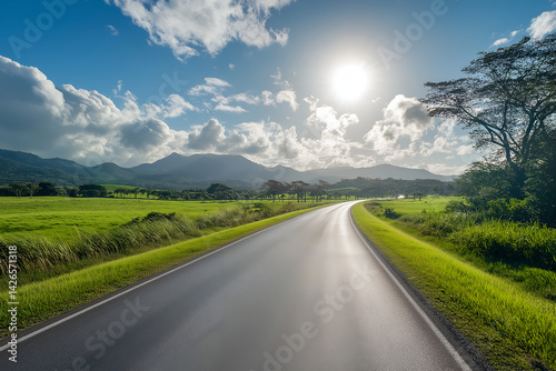 A sun-drenched road with a convertible at noon, transportation road way in the middle of mountain