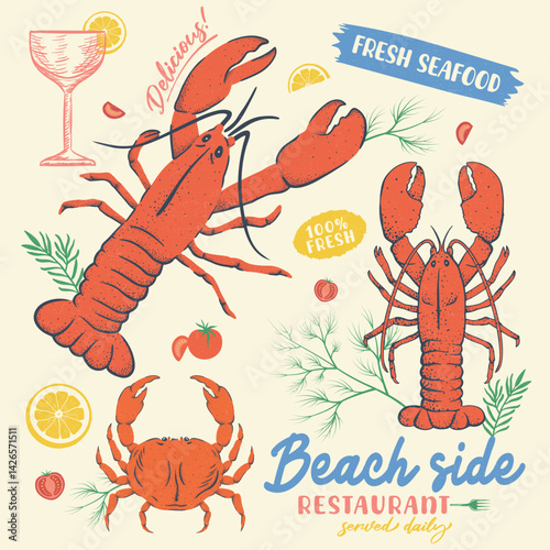 Lobster Seafood design. Lemon, Tomato and Fish vintage artwork. Lobster fish artwork for t shirt print , poster and other uses.