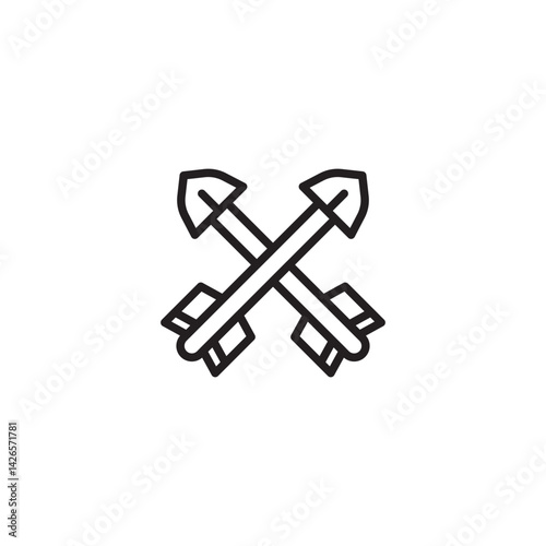 Black outline of two crossed arrows with pointed tips and fletched ends, forming a clean, symmetrical symbol of unity, defense, or battle on a white background.
