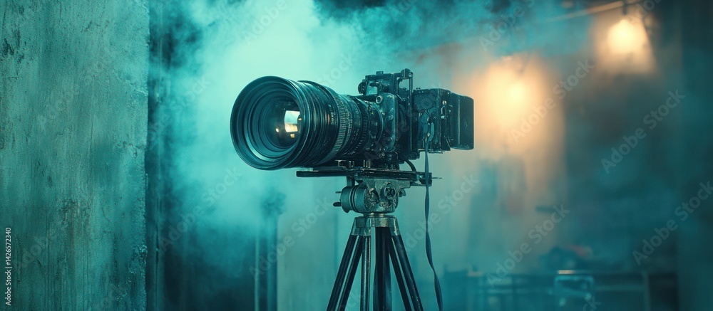 Fototapeta premium Professional camera setup in a smoky studio