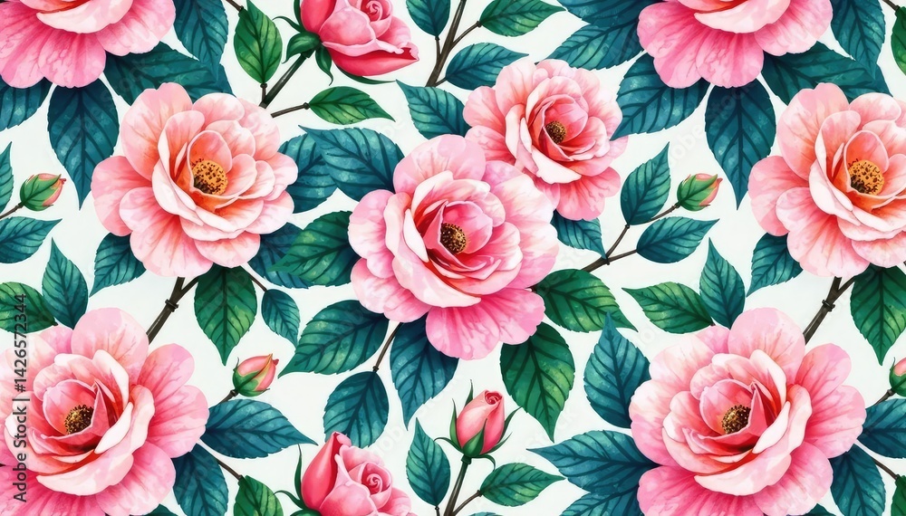 Fototapeta premium Delicate watercolor roses & leaves, repeating pattern, elegant, texture, floral textile