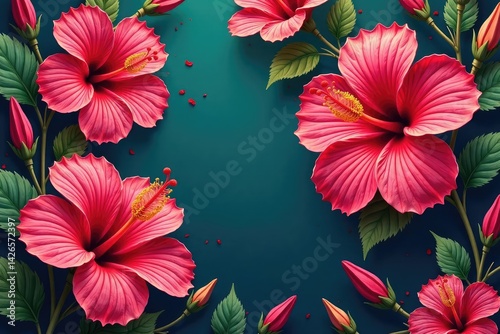 Intricate hibiscus blossoms, vibrant hues, repeating floral design , botany, pattern, red