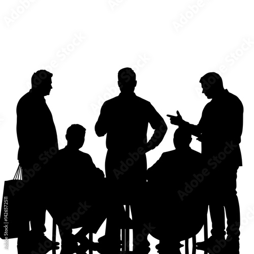 Business meeting silhouettes of five professionals discussing ideas  