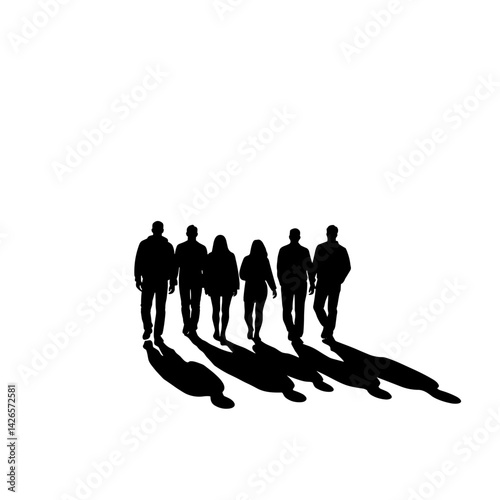 Silhouette of people walking together against a white background  