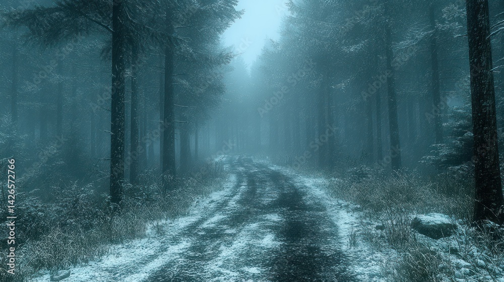 Obraz premium Snowy Forest Path A misty winter trail cuts through dense trees dusted with snow
