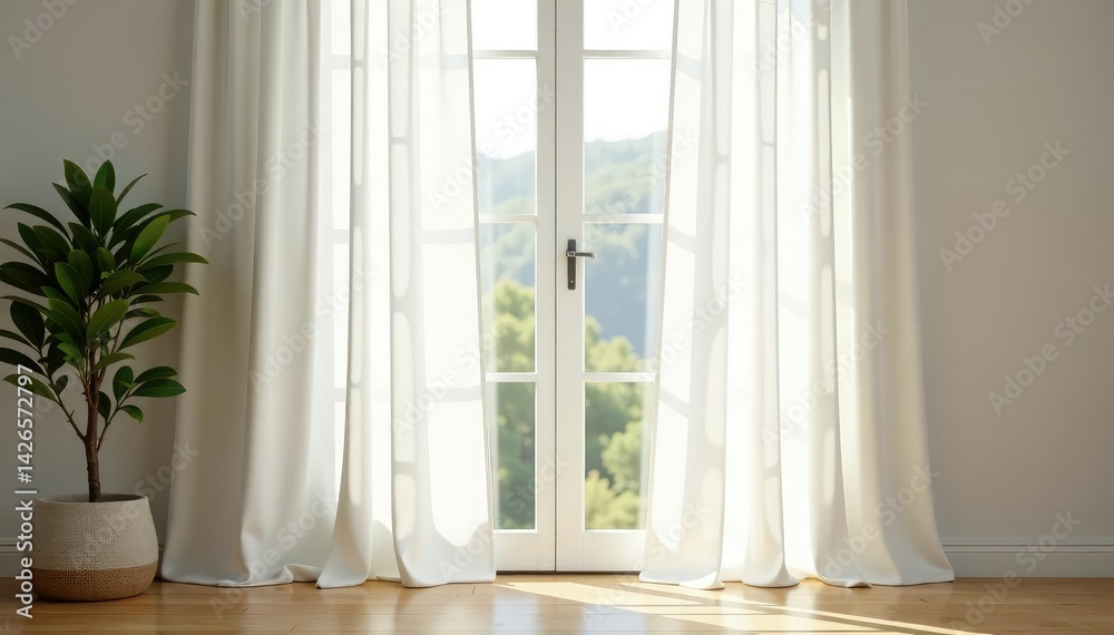 Fototapeta premium Simple, clean white linen curtains, soft natural light , seamless, studio, texture