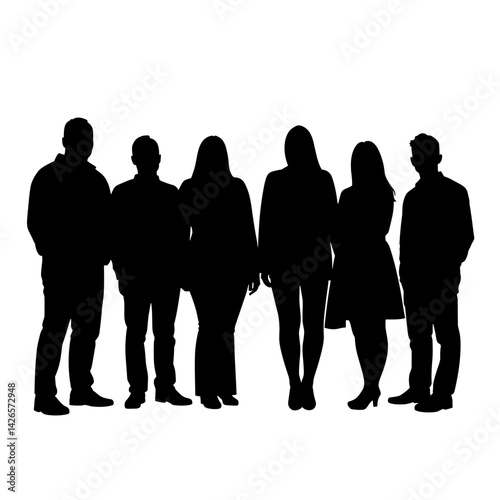 Silhouette of seven people standing together in front of white background  