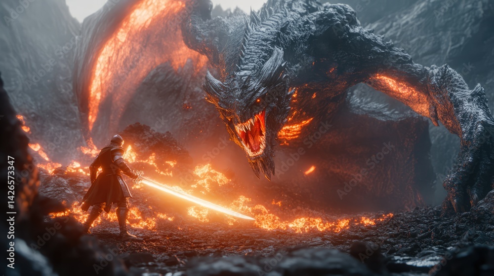 Obraz premium a close up of a dragon attacking a man with a sword
