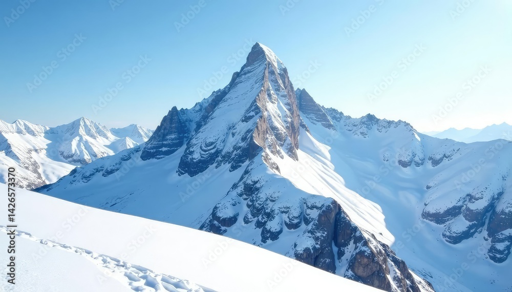 Obraz premium Snowy mountain peak, pristine snow, clear sky, scenic, photography