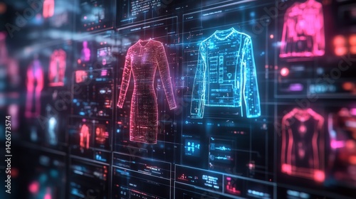 Digital fashion designs displayed on a futuristic screen