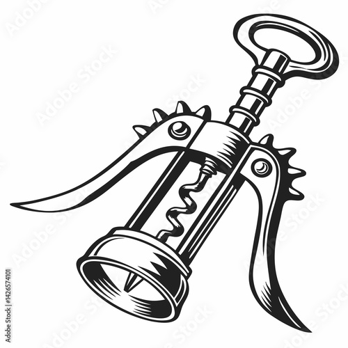Close up Hd Black and White Vector Logo Silhouette of a Vintage Corkscrew Opener Showcasing Intricate Details and Design Elements Generative AI