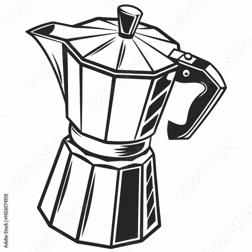 Close up Black and White Vector Logo Silhouette of a Classic Stovetop Coffee Maker Showcasing Intricate Design Details Generative AI