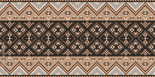 Seamless tribal pattern with geometric diamond motifs in neutral tones. Dark brown beige and peach create elegant horizontal bands. Perfect for modern minimal decor and textiles.