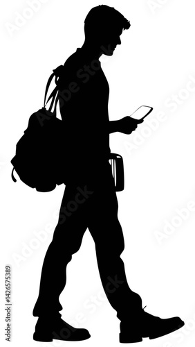 Traveler With Backpack Awaits Transport While Checking Phone at Train Station During Sunset Generative AI