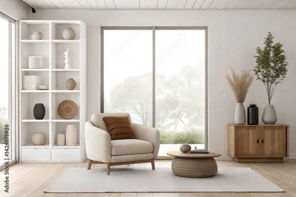 Fototapeta premium Minimalist living room with neutral tones, modern furniture, and large windows