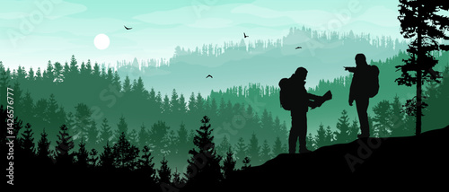Beautiful realistic widescreen vector with green forested mountains and two hikers looking at view.