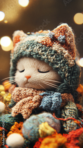 A cute knitted kitten wearing a scarf and a little hat, resembling a plush toy. Its soft, cozy appearance makes it perfect for a warm and comforting atmosphere.