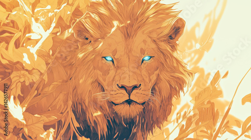Illustration of a lion with glowing blue eyes, depicted in golden tones and shades, creating a majestic and powerful atmosphere.