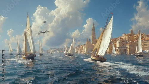 Sailing vessels near a coastal city under a sunny sky.