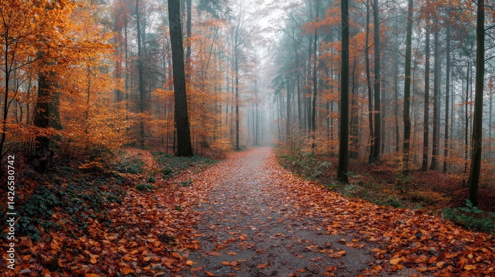 Obraz premium Misty autumnal path winding through a colorful forest.