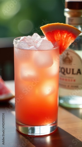Refreshing iced cocktail with grapefruit slice and salt rim. Bright pink summer drink with citrus fruit and bottle in the background.