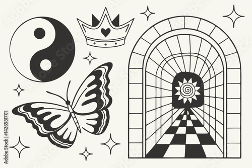 95 Retro design elements, black and white graphics, optical illusions, geometric patterns, yin yang symbol, flame icon, butterfly silhouette, heart with crown, spiral vortex, archway with stars, persp
