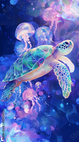 Illustration of a sea turtle swimming gracefully through a group of jellyfish, rendered in calming blue tones. The image evokes a peaceful underwater atmosphere.