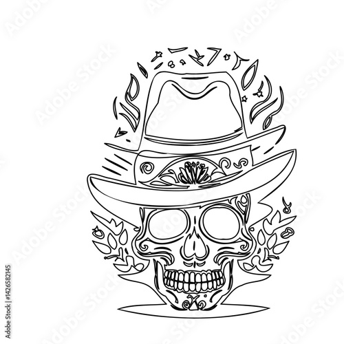 Outlined Cowboy Skull Illustration on White Backdrop