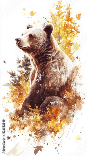 Brown bear resting in golden autumn foliage, cozy and peaceful mood, watercolor style illustration.