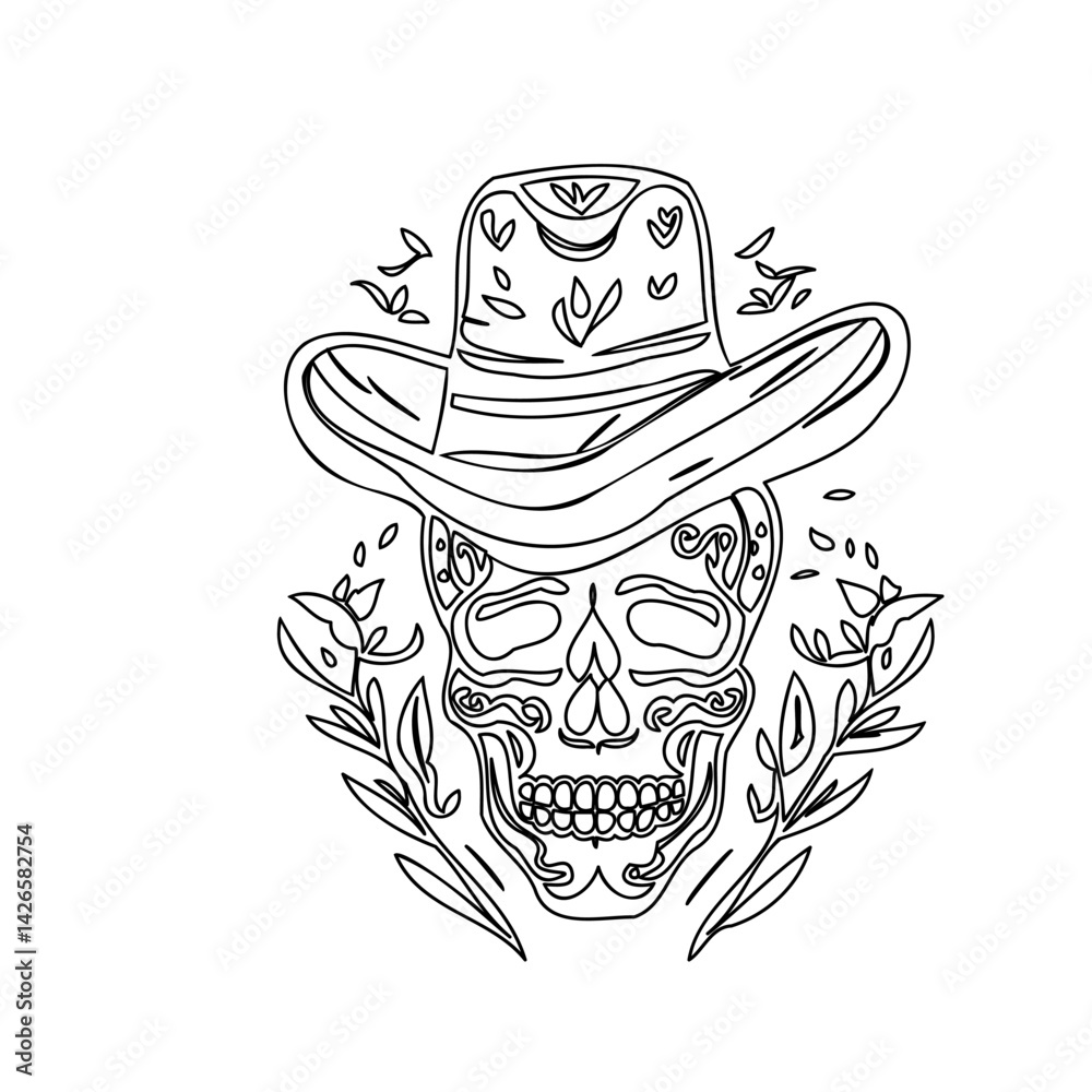 Naklejka premium Cowboy Skull with Floral Detail Line Illustration
