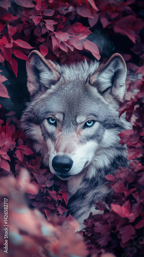 Close-up shot of a wolf sitting amidst red and purple foliage, capturing intricate details of its fur and surroundings.