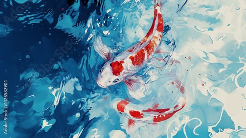Illustration of koi fish swimming in a pond, peaceful and serene atmosphere.