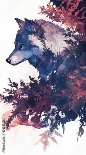 Illustration of a wolf sitting in profile, surrounded by red and purple foliage on a white background.