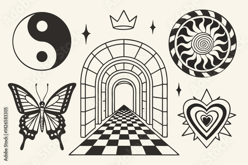95 Retro design elements, black and white graphics, optical illusions, geometric patterns, yin yang symbol, flame icon, butterfly silhouette, heart with crown, spiral vortex, archway with stars, persp