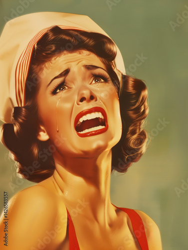 Woman in retro outfit crying with open mouth. Digital vintage artwork with red lips and expressive pose. 1950s emotional concept for poster and invitation