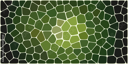 A mosaic of irregular polygonal tiles in various shades of green, outlined by dark grout lines, with a lighter green central area.

