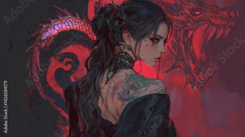 A Japanese woman with a tattoo on her shoulder, with the silhouette of a Japanese dragon in the background. The scene is set in a neon cyberpunk atmosphere, exuding a futuristic and vibrant vibe.