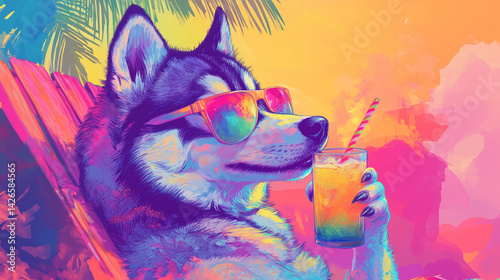 A vibrant illustration in neon gradient style featuring a husky wearing sunglasses, relaxing on a lounge chair while sipping a cocktail. A fun and trendy image full of summer vibes.