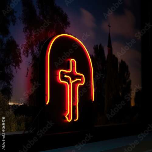 Neon cross illumination against night sky by church silhouette
