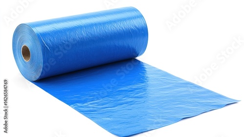 Unfurling Azure A corrugated blue tarp roll cascading across a white expanse