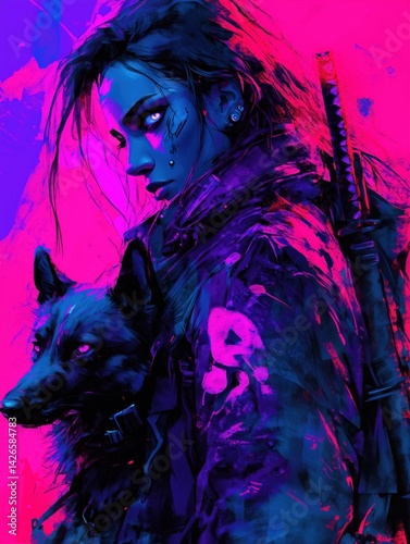 A cyberpunk-style samurai girl illuminated by bright neon pink lighting. She holds a katana and stands alongside a fierce wolf, creating a dynamic, futuristic, and intense atmosphere.